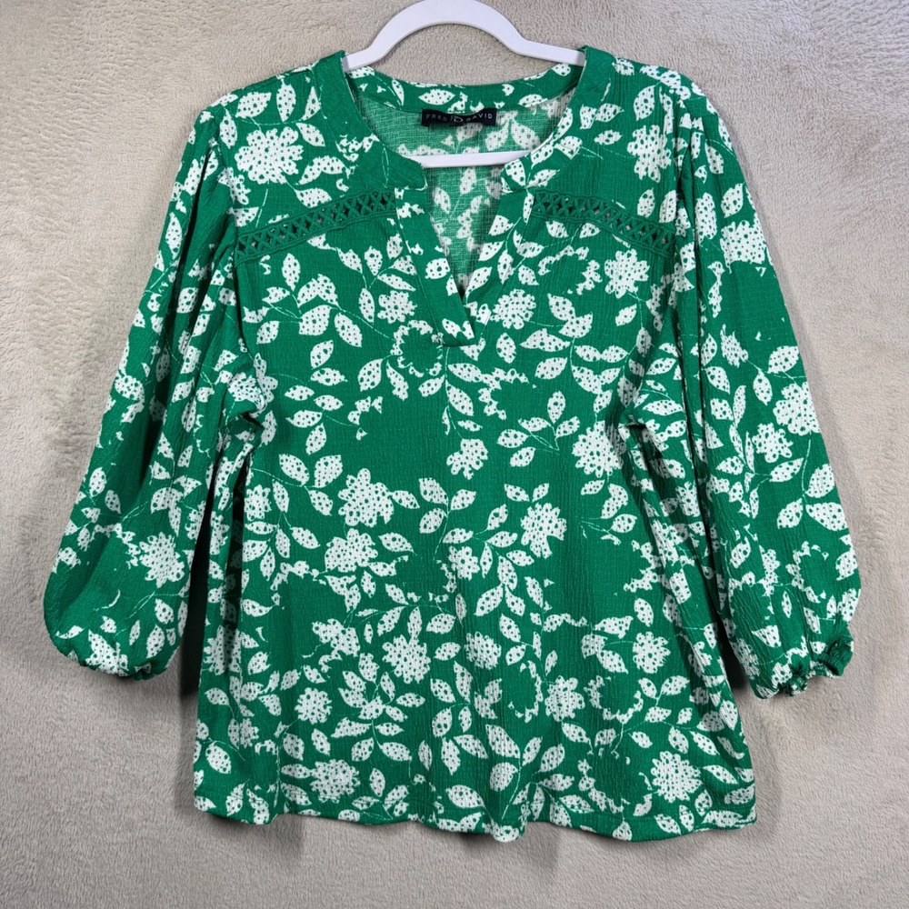 Fred David Blouse Women XL Green Floral Boho Relaxed Fit CS14864RM